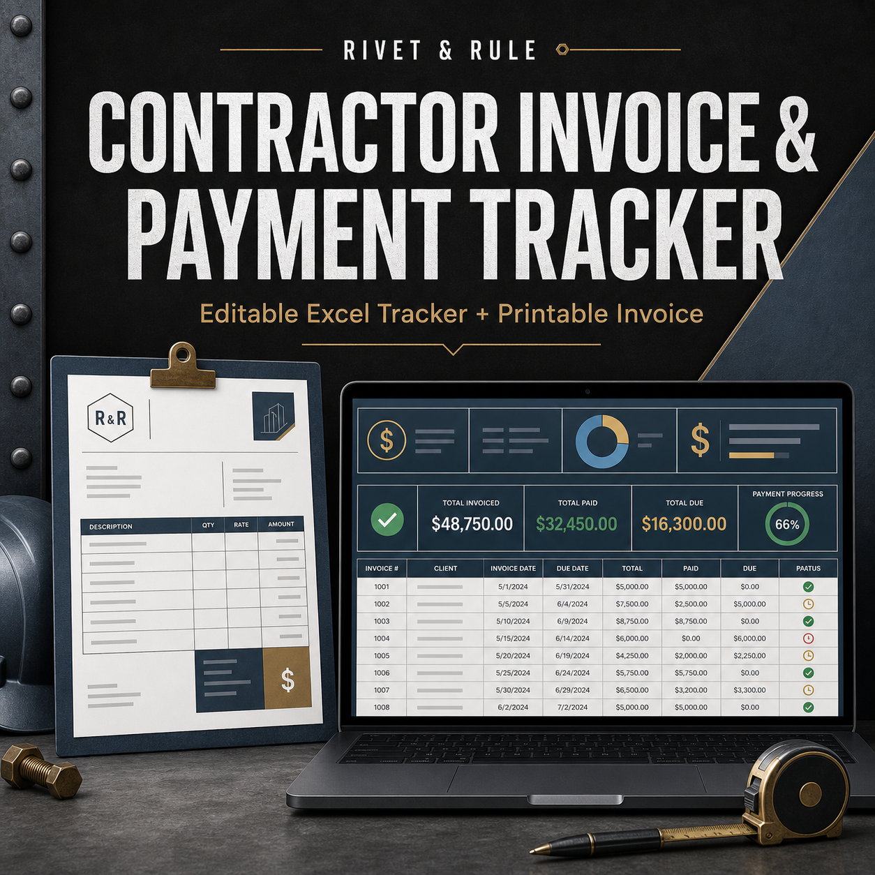 Rivet & Rule Contractor Invoice and Payment Tracker digital template cover